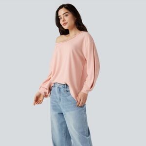 HALARA Off-Shoulder Pullover Sweatshirt in Light Pink